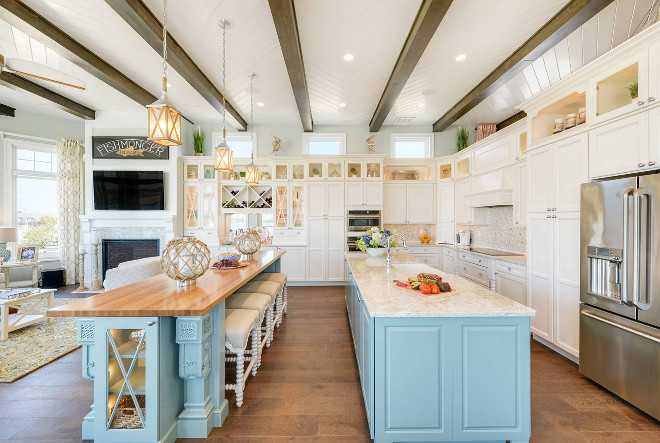 Kitchen with two island. Open coastal kitchen features two islands and herringbone shiplap ceiling. #Kitchen #Twoislands #twoislandskitchen Echelon Interiors