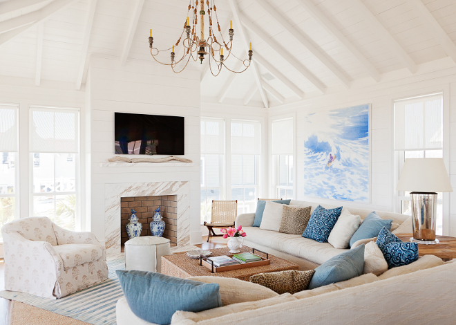 Living room layout. Living room furniture layout. Light and Bright living room with shiplap walls, shiplap vaulted ceiling and with an inspiring furniture layout. #Livingroomlayout #Livingroomfurniturelayout #furniturelayout Beau Clowney Architects. Jenny Keenan Design