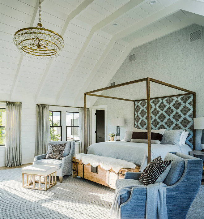 Modern farmhouse bedroom. Farmhouse master bedroom with brass Bling Chandelier by Circa Lighting, vaulted ceiling with tongue and groove paneling #Modern farmhouse bedroom. Farmhouse master bedroom with brass Bling Chandelier by Circa Lighting, vaulted ceiling with tongue and groove paneling #Modernfarmhouse #bedroom #Farmhouse #masterbedroom #farmhousebedroom #brasschandelier #BlingChandelier #CircaLighting #vaultedceiling #tongueandgroove #paneling #tongueandgroovepaneling Roundtree Construction. TruexCullins Architecture + Interior Design