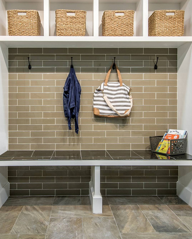 Mudroom Subway Tile Accent Wall. Adding a subway tile accent wall brings durability to your mudroom. A tiled wall is also easy to clean. Flooring and bench are also tiled for extra durability and low maintenance. #Mudroom #SubwayTile #TileAccentWall #Mudroomsubwaytile The Tile Shop via Instagram