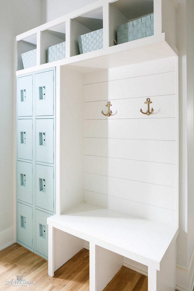 Mudroom with turquoise lockers painted in "Sherwin Williams Waterscape". Mudroom locker painted in Sherwin Williams Waterscape. Mudroom with turquoise lockers painted in "Sherwin Williams Waterscape". #SherwinWilliamsWaterscape