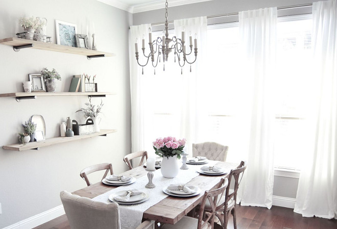 Neutral Pale Grey Farmhouse Dining room. Pale Grey Farmhouse Dining room. I gravitate towards the style of Restoration Hardware so I pulled most of my inspiration for this room from their spaces! Shelves, Table & Chairs: Restoration Hardware. Chandelier: Restoration Hardware Baby & Child. Neutral Pale Grey Farmhouse Dining room #NeutralPaleGreyFarmhouseDiningroom #FarmhouseDiningroom #Farmhouse #Diningroom #NeutralGrey #PaleGrey Pillow Thought
