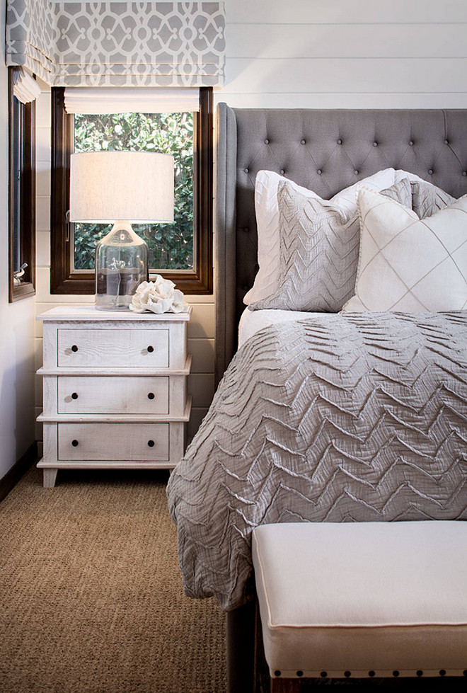  Neutral bedroom with white shiplap walls, grey and white bedding and whitewashed wood nightstand. #Neutralbedroom #Neutralbedroomcolorpalette #colorpalette #whiteshiplapwalls #shiplap #greyandwhitebedding #whitewashedwood #nightstand Tracy Lynn Studio