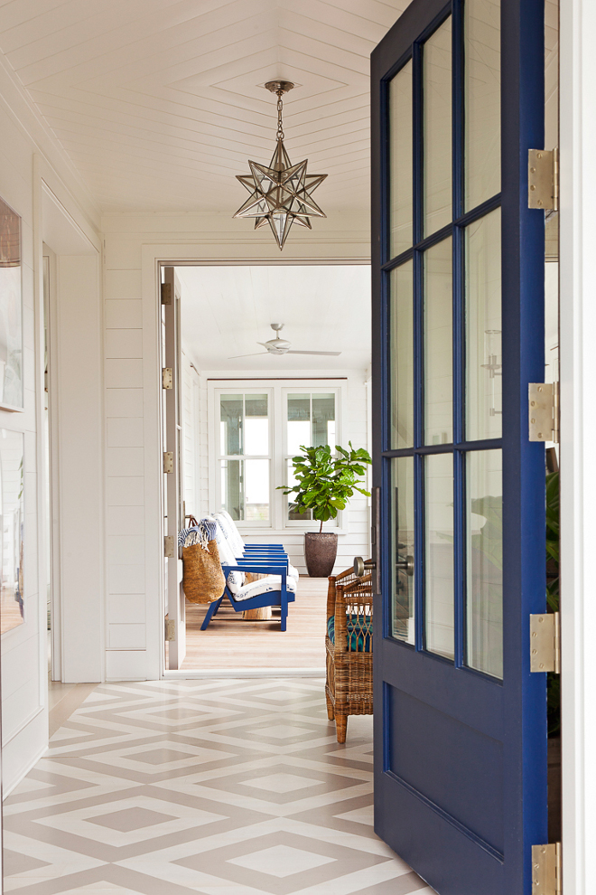 Painted Floors. Coastal entry with blue front door and painted wood floors. Painted wood floor design. Painted floors. Diamond Painted Floors #PaintedFloors #Coastalentry #bluefrontdoor #paintedwoodfloors #Paintedwoodfloordesign #Paintedflooring. #DiamondPaintedFloors Beau Clowney Architects. Jenny Keenan Design