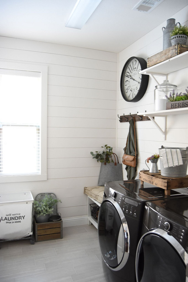 Shiplap Farmhouse Laundry Room. Farmhouse Shiplap Laundry Room Ideas. This farmhouse laundry room features shiplap on walls and open shelves. Shiplap Laundry Room #ShiplapLaundryRoom #FarmhouseShiplapLaundryRoom #Farmhouse #Farmhouselaundryroom #Farmhouseshiplap Pillow Thought Home