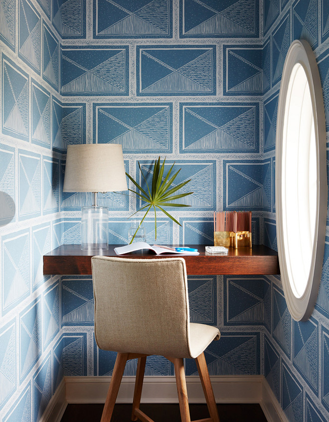 Small Home Office Nook with Built in Desk and Geometric Wallpaper. This nook features a built-in desk and a blue and white geometric wallpaper. The geometric wallpaper is by Romo. #SmallHomeOffice #OfficeNook #BuiltinDesk #GeometricWallpaper Andrew Howard Interior Design