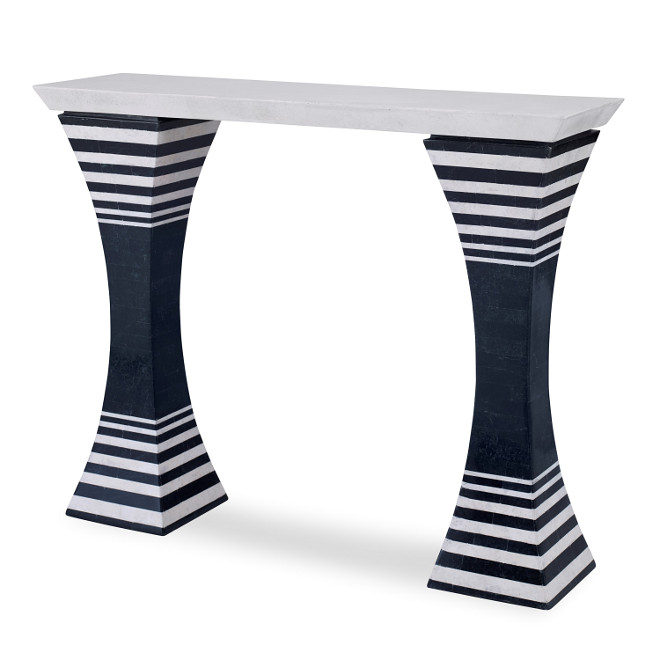 Console Table. Shadow Stripe Console by Ambella Home. A dramatic console made of white agate and black wax stone, inlaid in a graphic striped pattern. The top is veneered in white agate. This striped console table would look great in a beach house. I love its classic design! 
