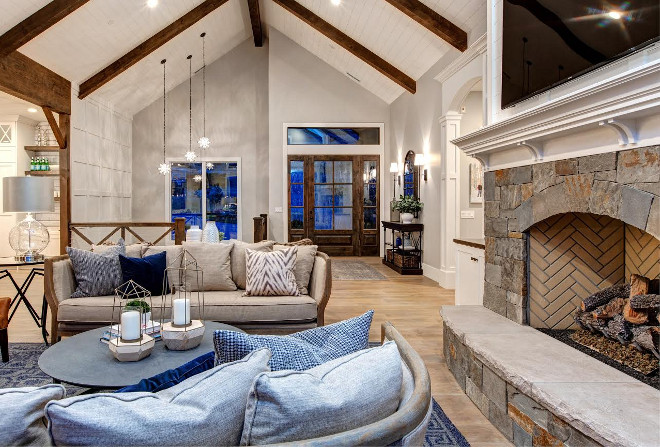 Vaulted Living room Ceiling with shiplap and exposed beams. The vaulted ceiling features shiplap and exposed beams. Vaulted Living room Ceiling with shiplap and exposed beams. Vaulted Shiplap Ceiling. #VaultedCeiling #shiplapceiling #VaultedShiplapCeiling #exposedbeams Timberidge Custom Homes