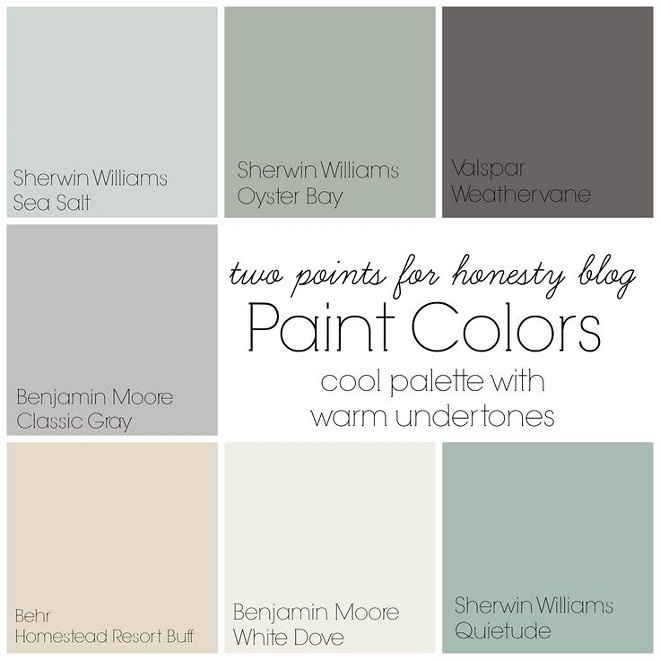 Cool Paint colors with warm undertone. Cool Paint colors with warm undertone. Sherwin Williams Sea Salt. Sherwin Williams Oyster Bay. Valspar Weathervane. Benjamin Moore Classic Gray. Behr Homestead Resort Buff. Benjamin Moore White Dove. Sherwin Williams Quietude. #WarmPaintColors #wholehouse #paintcolor