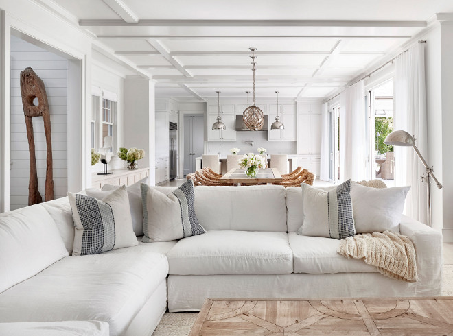 White Linen Sectional. Hamptons style living room with coffered ceiling, White Linen Sectional and sisal rug. #WhiteLinenSectional Chango & Co.
