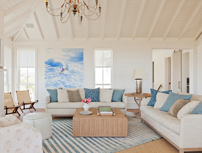 White living room with shiplap walls and vaulted shiplap ceiling. White living room with shiplap walls and vaulted shiplap ceiling #Whitelivingroom #shiplap #shiplapwalls #vaultedceiling #shiplapceiling Beau Clowney Architects. Jenny Keenan Design