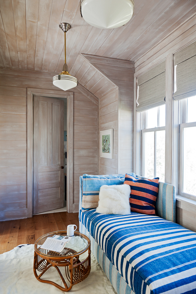 Whitewashed shiplap. Coastal home with Whitewashed shiplap. Home office/guestbedroom with whitewashed shiplap walls and ceiling. Whitewashed shiplap #Whitewashedshiplap Beau Clowney Architects. Jenny Keenan Design