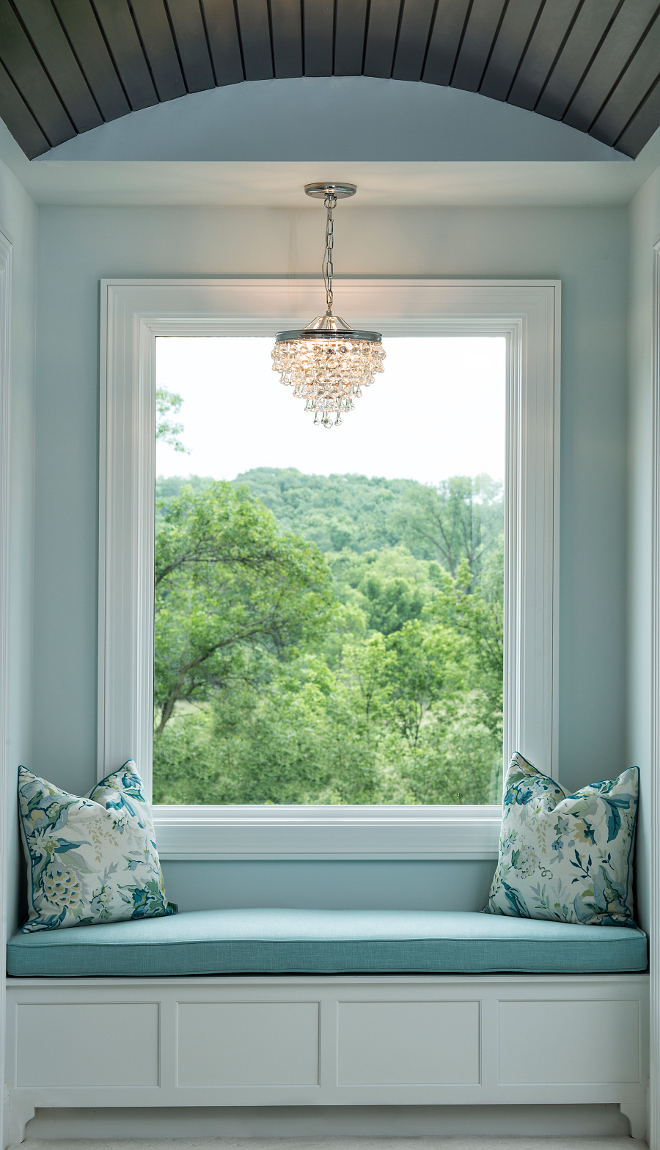 Barrel ceiling Window Seat, Master bedroom window seat with barrel ceiling, Lighting is from Crystorama #MasterBedroom #windowseat #barrelceiling #Crystorama Grace Hill Design