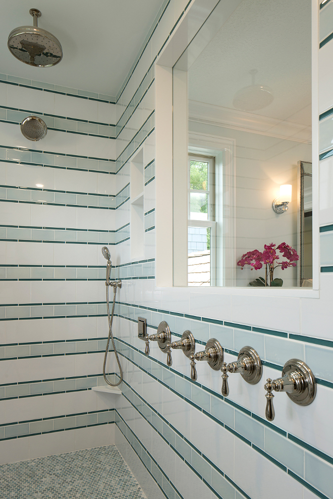 Bathroom turquoise glass tile, The shower wall pattern is made of 3 different tiles as shown in photo and here's pattern drawing: - 11 rows of 6"h = 66"h (white 6"x12" subway). ​ ​ - 10 rows of 3"h = 30"h (light green 3"x6" subway). ​ ​ - 20 rows of 9/16" = 10"h (darker green glass pencil at 9/16"x6"). White Subway Tile:= Royal Mosa - 15 Thirty; extra white gloss #61213710; 6x12 as the white. Light Green Subway = Pratt & Larson Ceramics PF-36XX/3x6 Field; Glaze Color: R148. Pencil - AEC Hamptons Glass; Wave #GLSHAMWAVSLG; 9/16" x 6". The Master Bath shower floor is Lunada Bay Tile; Series: Marbleized; Size: Pennyround; Color: Ice; Finish: Silk​ ​ from RBC Tile​ in Plymouth, MN​ Striped tile pattern ideas, Striped turquoise glass tile, Shower Striped turquoise glass tile #Stripedglasstile #turquoiseglasstile #turquoisetile Grace Hill Design