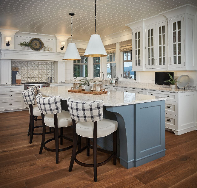 Blue Grey Kitchen Island. Gorgeous lakehouse kitchen with blue-gray kitchen island and T&G ceiling. Blue Grey Kitchen Island Paint Color. Blue Grey Kitchen Island #BlueGreyKitchenIsland Dwellings