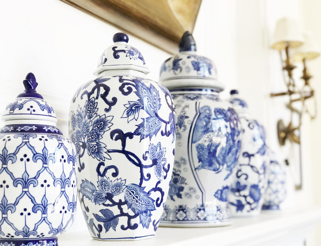 Blue and white mantel decor Blue and white vases on fireplace mantel, The antique blue and white ginger jars are from One King’s Lane and Homegoods #Blueandwhite #Blueandwhitevases #mantel Beautiful Homes of Instagram @thriftyniftynest