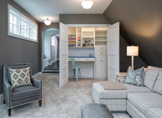 Closet craft room, Closet craft room in bonus room, The bonus room features a closet craft room. I think this is a brilliant idea! The wall color is Benjamin Moore 1476 Graystone, Wall paint color isBenjamin Moore 1476 Graystone #GraystoneBenjaminMoore #Craftroom #closet #bonusroom Grace Hill Design