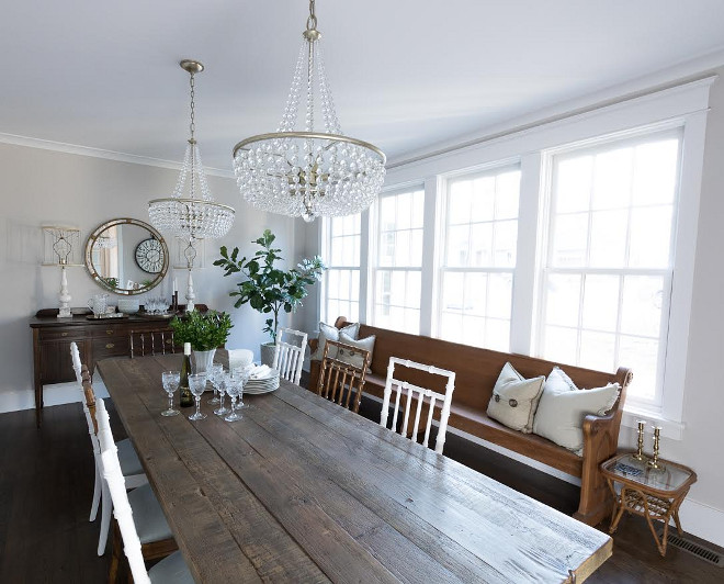 Farmhouse Dining Room with Beaded Chandelier. The beaded chandelier softens this farmhouse dining room. #Farmhouse #DiningRoom #BeadedChandelier Beautiful Homes of Instagram @greensprucedesigns