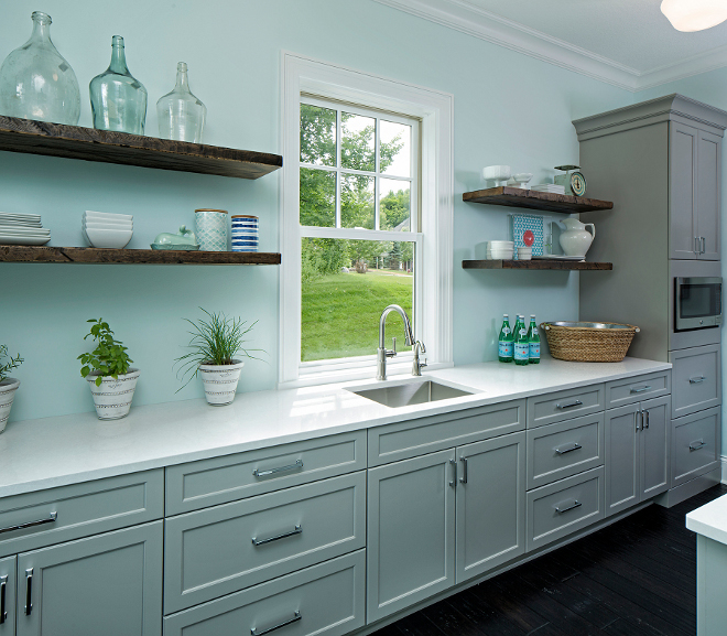 Farmhouse butler's pantry with grey cabinets and reclaimed wood floating shelves, Farmhouse butler's pantry design Farmhouse butler's pantry, This farmhouse-inspired butler's pantry feature grey cabinets and reclaimed wood floating shelves #Farmhousebutlerspantry #greycabinets #reclaimedwoodshelves #floatingshelves Grace Hill Design