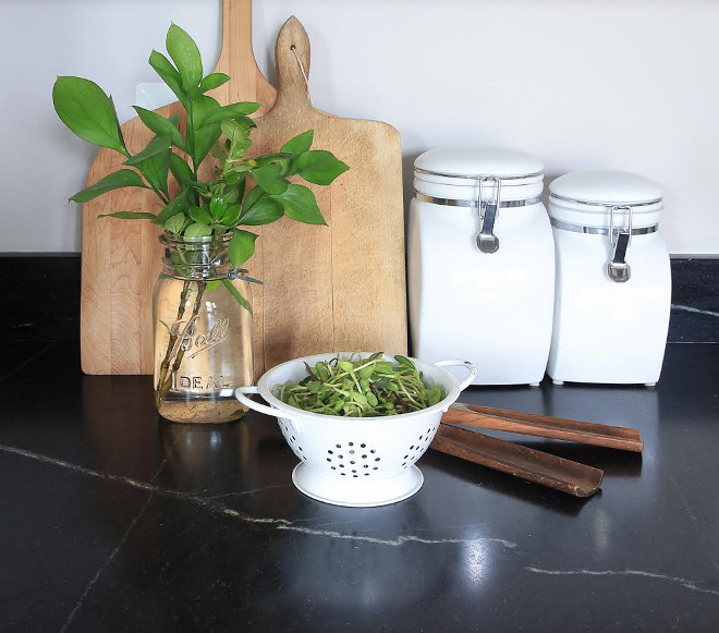 Farmhouse kitchen countertop. The perimeter countertop of this farmhouse is Soapstone. #Soapstone #Farmhousekitchencountertop #soapstonecountertop #perimetercountertop Beautiful Homes of Instagram @greensprucedesigns
