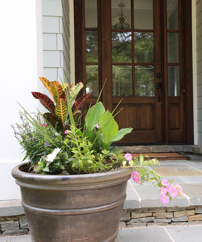 Front entry planter, Walnut front door and Bluestone porch floor tile and Stacked stone porch between steps. Front entry planter, Walnut front door and Bluestone porch floor tile #Frontentry #planter #Walnutfrontdoor #Walnutdoor #Bluestonedfloortile #porch #bluestone #floortile Beautiful Homes of Instagram @greensprucedesigns