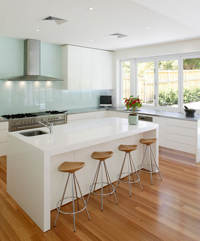 Glass Splashback. Countertop: The perimeter countertop is Stainless steel and island is Quantum Quartz. Splash backs are laminated glass. Glass Splashback. Glass Splashback #GlassSplashback Andrew Dee @ Wonderful Kitchens" Willoughby"