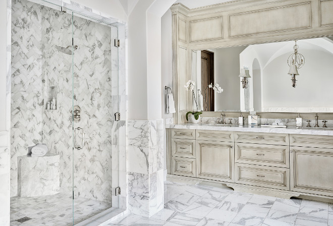 Glazed Bathroom Cabinet. French inspired bathroom with glazed cabinets. #bathroom #glazedcabinets #Frenchbathroomcabinet Kim Scodro Interiors