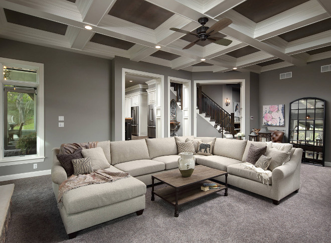 Grey farmhouse living room with coffered ceiling and grey walls. Grey wall paint color is Sherwin Williams SW 9170 Acier. #SherwinWilliamsSW9170Acier Barrington Homes Inc.