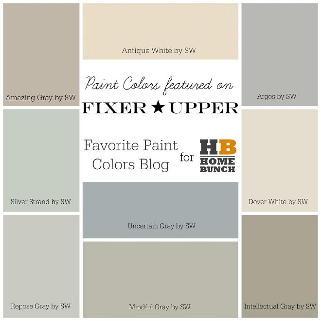 Fixer Upper Paint Colors. HGTV Fixer Upper Favorite Paint Colors. Amazing Gray SW7044 Sherwin Williams, Antique White SW6119 Sherwin Williams, Argos SW7065 Sherwin Williams, Silver Strand SW7057 Sherwin Williams, Uncertain Gray SW6234 Sherwin Williams, Dover White SW6385 Sherwin Williams, Repose Gray SW7015 Sherwin Williams, Mindful Gray SW7016 Sherwin Williams, Intellectual Gray SW7045 Sherwin Williams #FixerUpper #PaintColors #HGTVFixerUpperFavoritePaintColors #HGTVFixerUpper #FavoritePaintColors #FixerUpperPaintColors #AmazingGray SW7044SherwinWilliams #AntiqueWhiteSW6119SherwinWilliams #ArgosSW7065SherwinWilliams #SilverStrandSW7057SherwinWilliams #UncertainGraySW6234SherwinWilliams #DoverWhiteSW6385SherwinWilliams #ReposeGraySW7015SherwinWilliams #MindfulGraySW7016SherwinWilliams #IntellectualGraySW7045SherwinWilliams Favorite Paint Colors Blog for Home Bunch