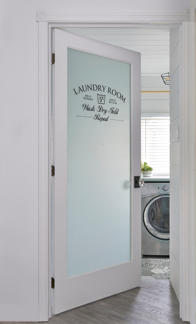 Laundry room door. Laundry room door ideas. Glass and stencil Laundry room door #Laundryroomdoor #Laundryroom Soda Pop Design Inc.