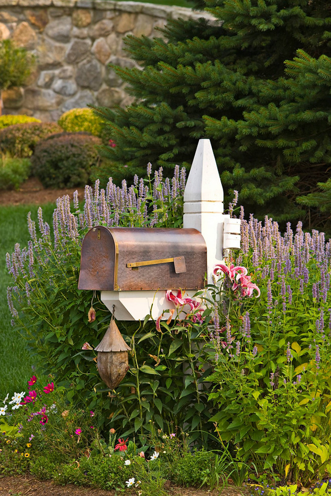 Mailbox. Giant Hyssop and lilies surround this copper mailbox. #Mailbox 