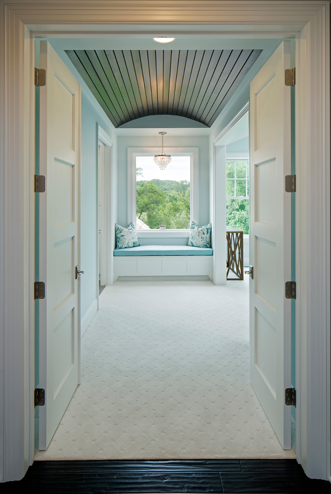 Master Bedroom Door, Double doors open to a master bedroom with barrel ceiling and window seat #Masterbedroom #barrelceiling #windowseat Grace Hill Design