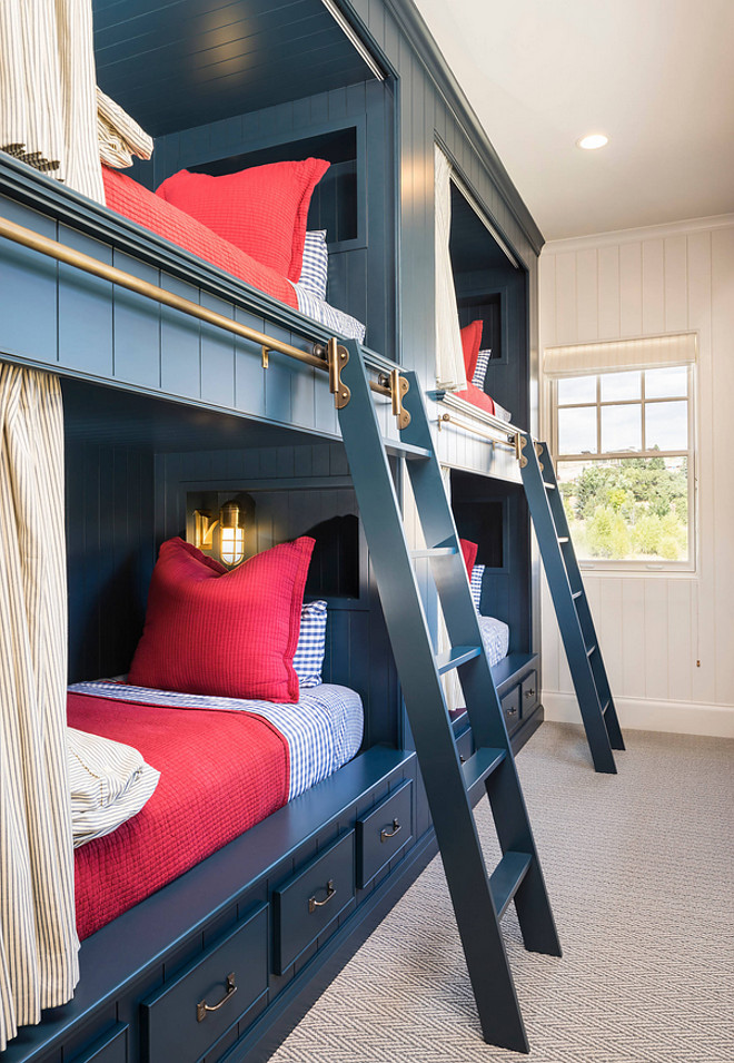 Navy Bunk Beds. Navy Bunk Beds. Bunk room with Navy Bunk Beds and brass hardware. Navy Bunk Beds. #NavyBunkBeds #NavyBunkBed #NavyBunkBedIdeas #Bunkroom Jackson and LeRoy.