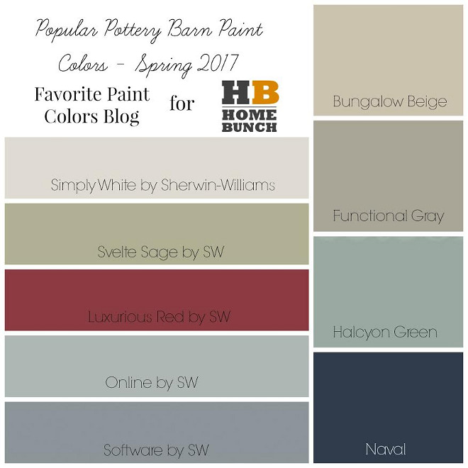 Popular Spring 2017 Paint Colors. Popular Pottery Barn Paint Colors Spring 2017 Sherwin Williams. Simply White Sherwin Williams. Svelt Sage Sherwin Williams. Luxurious Red Sherwin Williams. Online Sherwin Williams. Software Sherwin Williams. Bungalow Beige Sherwin Williams. Functional Sherwin Williams. Halcyon Green Sherwin Williams. Naval Sherwin Williams #PopularPaintColors #Spring2017PaintColors #2017PaintColors #PopularPotteryBarnPaintColors #2017PotteryBarnPaintColors #PotteryBarnPaintColors #Spring2017 #SherwinWilliamsPaintColors #2017SherwinWilliamsPaintColors #SimplyWhiteSherwinWilliams #SveltSageSherwinWilliams #LuxuriousRedSherwinWilliams #OnlineSherwinWilliams #SoftwareSherwinWilliams #BungalowBeigeSherwinWilliams #FunctionalSherwinWilliams #HalcyonGreen SherwinWilliams #NavalSherwinWilliams Favorite Paint Colors Blog for Home Bunch.