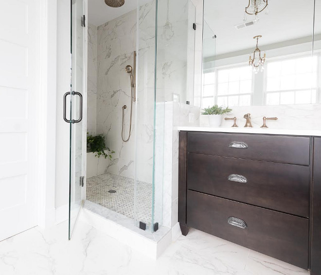 Shower tile Ceramic 12 x 24, made to look like marble. Floor has radiant heat Beautiful Homes of Instagram @greensprucedesigns