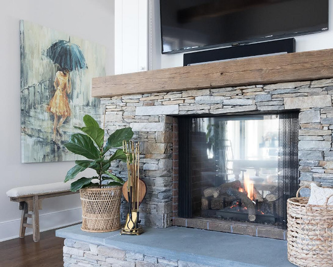 Stacked Stone Fireplace. Stacked fireplace stone is Foggy Bottom Silver. Stacked Stone Fireplace #StackedStone #Fireplace #StackedStoneFireplace Beautiful Homes of Instagram @greensprucedesigns