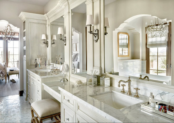 Traditional Bathroom, Classic Traditional Bathroom, Classic bathroom with ivory white cabinets and polished marble countertop. Faucets are by Rohl Timeless Traditional Bathroom, Traditional Bathroom Design #TraditionalBathroom