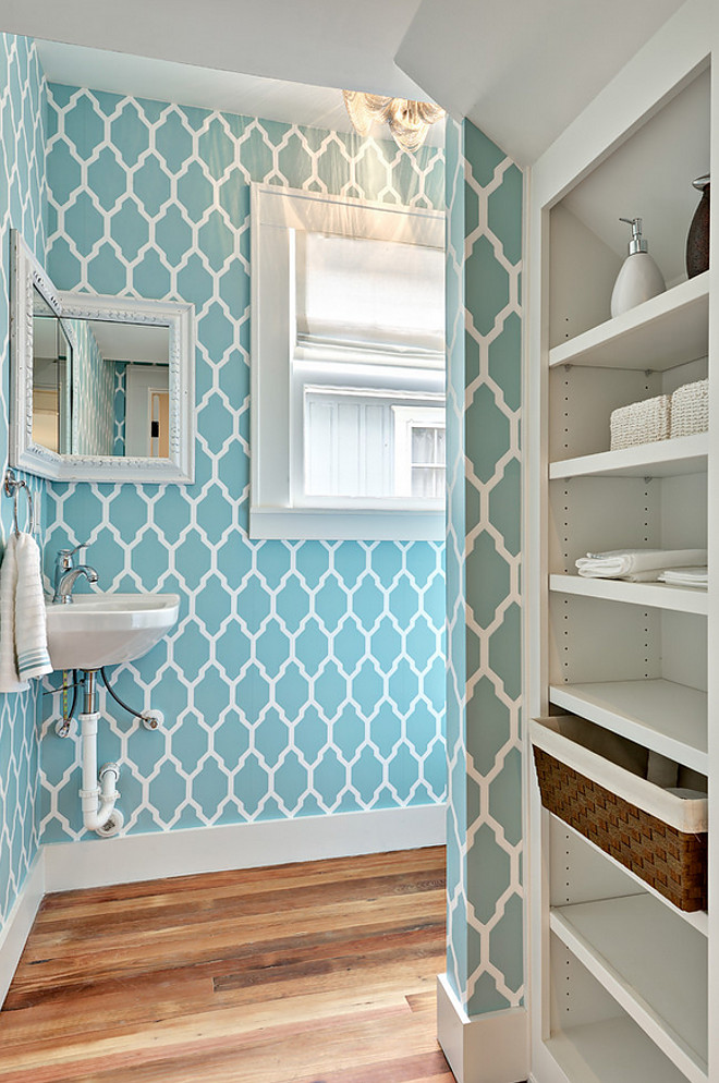 Turquoise Wallpaper. Turquoise Wallpaper is Farrow and Ball. The pattern is Tessella. Turquoise Wallpaper is Farrow and Ball. The pattern is Tessella. Floors are a reclaimed longleaf pine floors with a wax finish. #TurquoiseWallpaper Avenue B Development