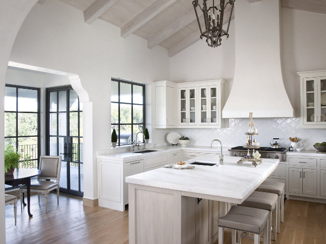 White Moroccan Kitchen, Moroccan inspired white kitchen with black panned windows and black panned French Doors , Neutral Moroccan Kitchen #WhiteMoroccanKitchen #Moroccaninspiredkitchen #Moroccaninspiredwhitekitchen #NeutralMoroccanKitchen