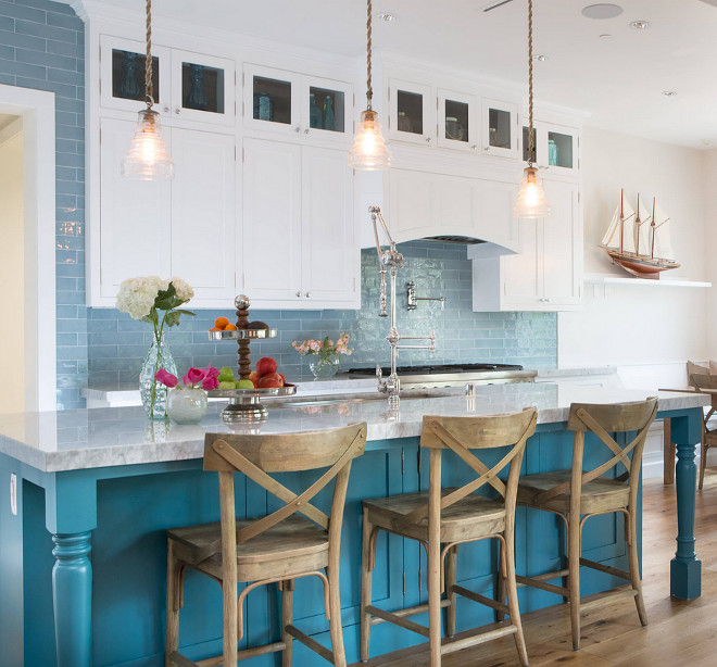 White kitchen with turquoise island and blue backsplash tile, Coastal kitchen with turquoise island and blue backsplash tile, Blue tile is Walker Zanger Cafe, color water #Whitekitchenturquoiseisland #bluebacksplashtile #Coastalkitchen #turquoisekitchenisland #bluebacksplash #bluetile #Blue #tile #WalkerZangerCafewater A.S.D. Interiors