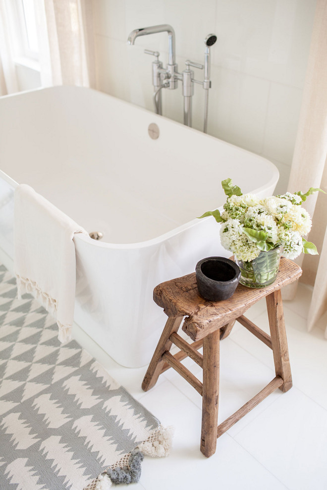 Bathroom styling, Neutral bathroom styling, A touch of farmhouse is added to this bathroom with an antique wooden stool, The antique Chinese stool is available at Chango & Co.’s shop #Bathroomstyling #Neutralbathroomstyling #farmhouse #bathroom #antiquestool #woodenstool Chango & Co