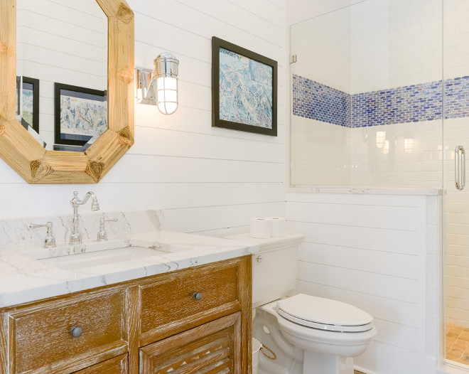 Bathroom with Whitewashed Oak Vanity. This guest bathroom beautifully combines shiplap with subway tile and a reclaimed white oak vanity. Accent tile is by Lunada Bay Tile. #Bathroom #WhitewashedOak #WhitewashedOakVanity Echelon Custom Homes