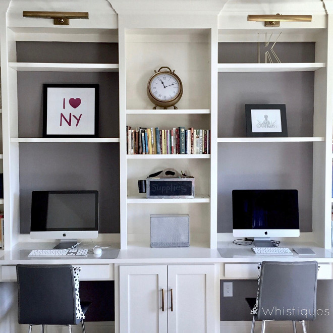 Benjamin Moore Stone. Built in desk with grey back bookshelves painted in Benjamin Moore Stone. Benjamin Moore Stone #BenjaminMooreStone Beautiful Homes of Instagram @whistiques
