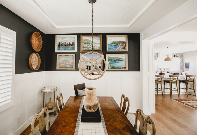 Black Licorice by Vista Paint. Farmhouse dining room painted in Black Licorice by Vista Paint #Farmhousediningroom #diningroom #paintcolor #BlackLicoricebyVistaPaint Beautiful Homes of Instagram @house.becomes.home