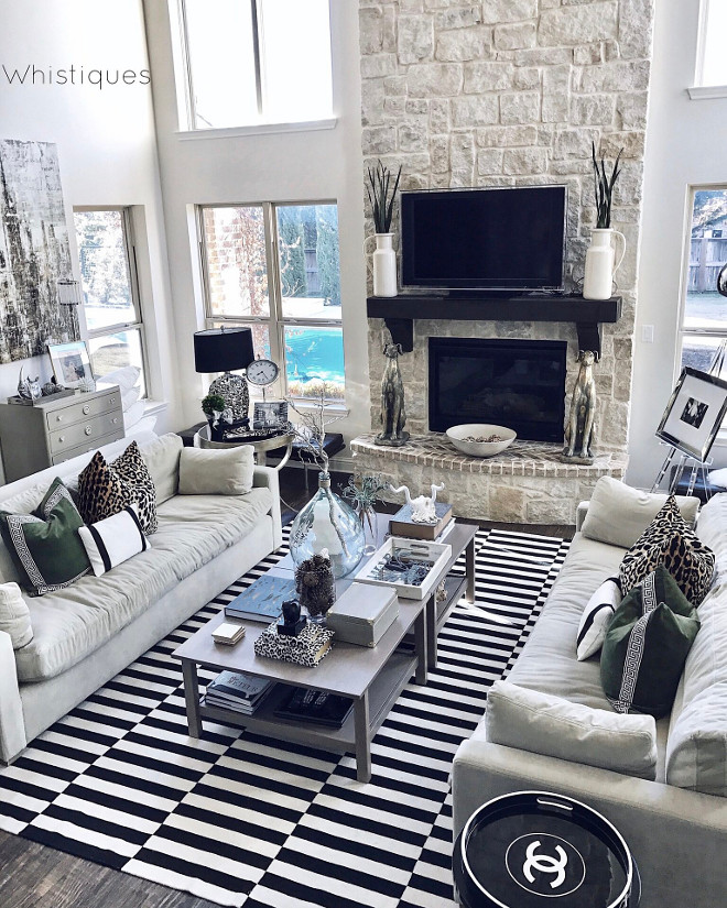 Black and white striped rug. Living room with black and white striped rug. Black and white striped rug. Living room with black and white striped rug ideas #Blackandwhite #stripedrug #Blackandwhiterug #BlackandwhitestripedRug #Livingroom #rug Beautiful Homes of Instagram @whistiques