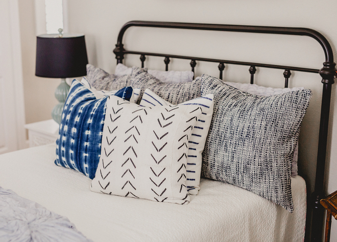 mudcloth pillows. mudcloth pillows. mudcloth pillows. Farmhouse bedroom with mudcloth pillows from @onefinenest #mudclothpillows #mudclothpillow #Blueandwhitemudclothpillow #Farmhouse Beautiful Homes of Instagram @house.becomes.home
