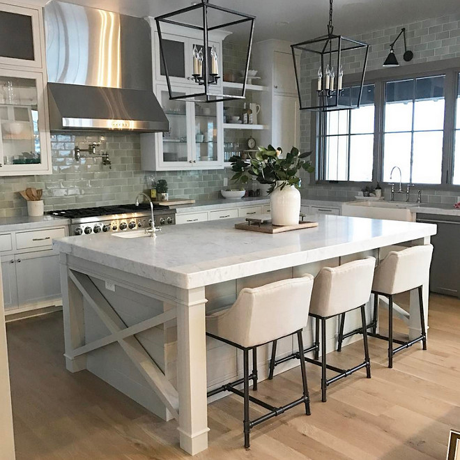 Farmhouse Kitchen island with x side and shiplap. Farmhouse Kitchen island with x side and shiplap. Gorgeous farmhouse kitchen island with x side and shiplap and thick marble countertop. The backsplash tile if from Daltile. Barstools are Furniture Classics. Farmhouse Kitchen island with x side and shiplap. Farmhouse Kitchen island with x side and shiplap #FarmhouseKitchen #islandwithxside #xsidekitchenisland #xsideisland #shiplapisland