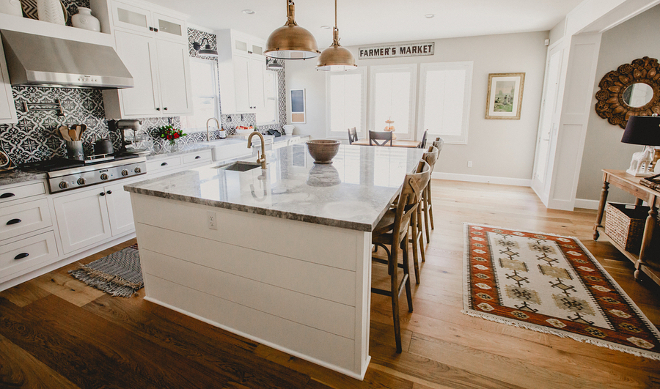 Farmhouse Kitchen with extra wide plank hardwood floors, farmhouse kitchen runner, shiplap kitchen island, farmhouse wall decor and cement tile backsplash #Farmhousekitchen #FarmhouseKitchens #extrawideplankhardwoodfloors #wideplankhardwoodfloor #farmhousekitchenrunner #kitchenrunner #shiplapkitchen #shiplapkitchenisland #farmhousewalldecor #cementtilebacksplash Beautiful Homes of Instagram @house.becomes.home