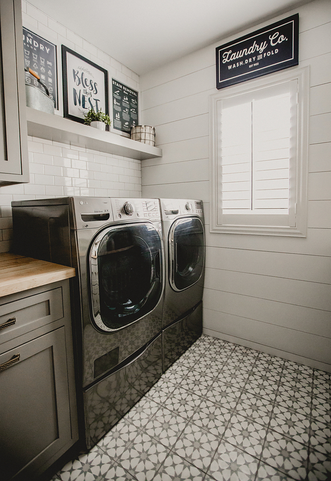 Farmhouse Laundry room with cement Tile flooring, white shiplap walls and white subway tile backsplash. Grey Farmhouse Laundry room with cement Tile flooring, white shiplap walls and white subway tile backsplash, Farmhouse Laundry Room #farmhouselaundryroom #Farmhouse #Laundryroom #greyfarmhouselaundryroom #Greylaundryroom #cementTile #cementTileflooring #whiteshiplapwalls #shiplapwalls #whitesubwaytile #Subwaytilebacksplash Beautiful Homes of Instagram @house.becomes.home