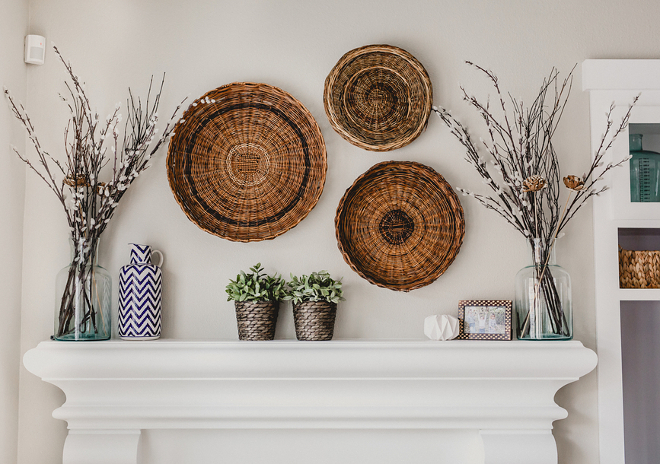 Farmhouse Wall Decor, Vintage basket above the fireplace mantel. The baskets are from thrift stores. #farmhouse #walldeocr #baskets Beautiful Homes of Instagram @house.becomes.home